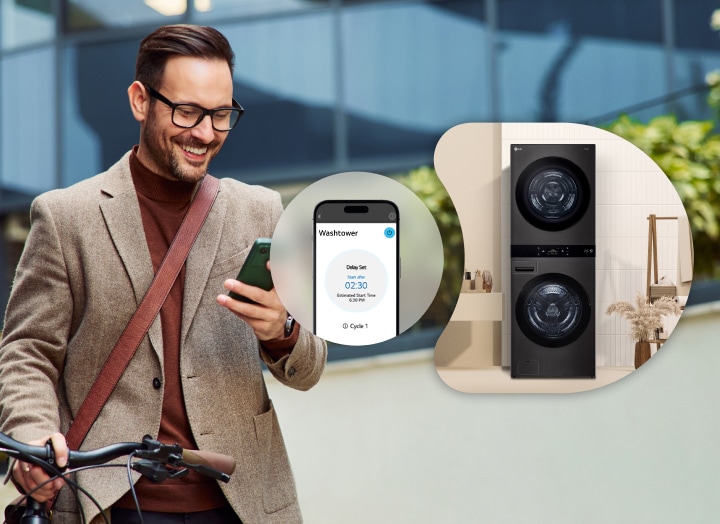 Homme utilisant une application pour téléphone intelligent afin de commander à distance un appareil WashTower de LG doté d’une finition en acier noir.
